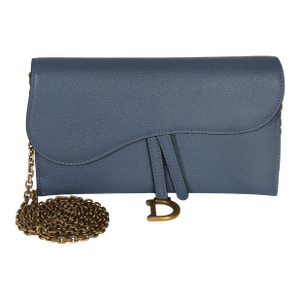 Blue Grained Calfskin Small Saddle Pouch With Chain