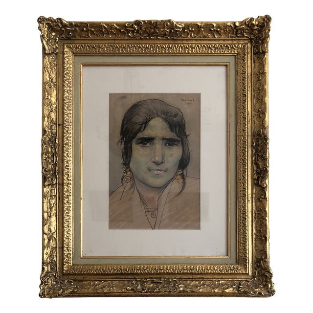 Edouard Morerod, Portrait de femme amérindienne, 1919, Pencil, Charcoal & Pastel on Paper, Framed For Sale