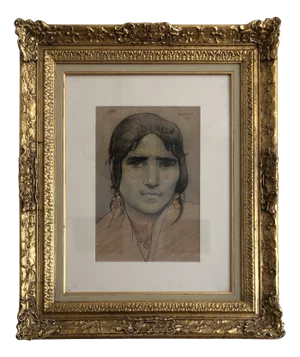 Edouard Morerod, Portrait de femme amérindienne, 1919, Pencil, Charcoal & Pastel on Paper, Framed