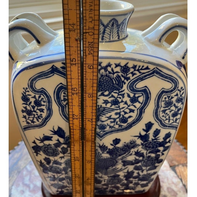 Mid 20th Century Large 10.5" Chinese Blue & White Moon Flask Vase & Stand - Phoenix & Peony Decor For Sale - Image 11 of 11