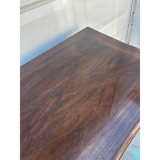 French Provincial Console Table, Louis XV Style Vanity Desk, Vintage Curved Leg Writing Table, Parquet Top Entryway Table, Solid Wood Table For Sale - Image 9 of 12