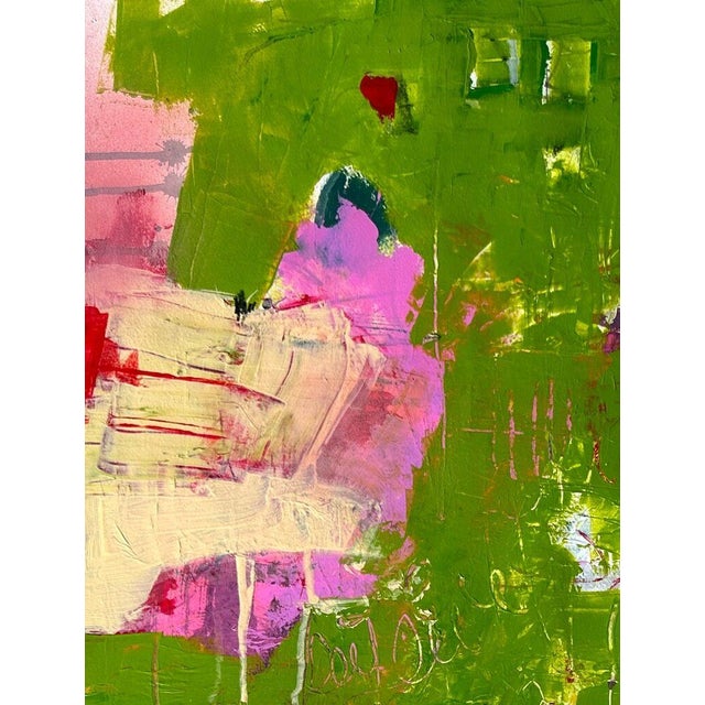 Christiane Corcelle "Orquevaux Mossy Whispers" Mixed Media on BFK Paper, Framed Abstract Painting in Moss Green, Pink and Red, 2024 For Sale In Boston - Image 6 of 9