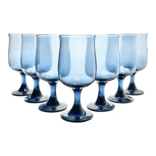 1980s Libbey “Connoisseur (Dusky Blue, Tulip)” Set of 7 Wine Glasses For Sale