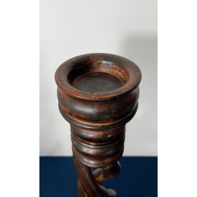 Wood 27-Inch Antique Hand-Carved Openwork Barley Twist Candlestick | 6" Diameter Base | Early 20th Century For Sale - Image 7 of 9