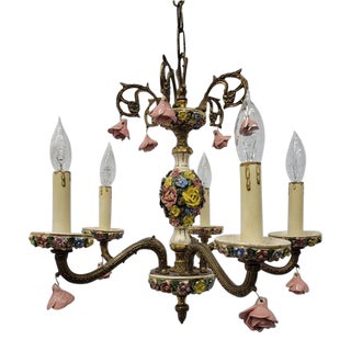1960s Capodimonte Brass Porcelain Flowers Chandelier For Sale