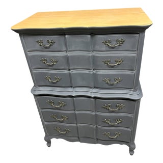 Vintage Tall 6 Drawer Dresser Painted Deep Gray French Hardware Natural Wood Top For Sale