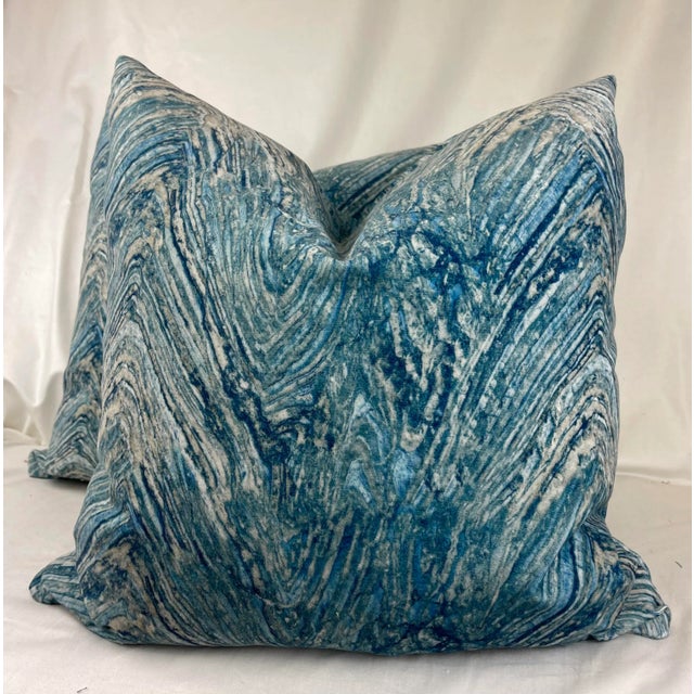 Waves Printed Velvet Pillows- a Pair For Sale - Image 4 of 4