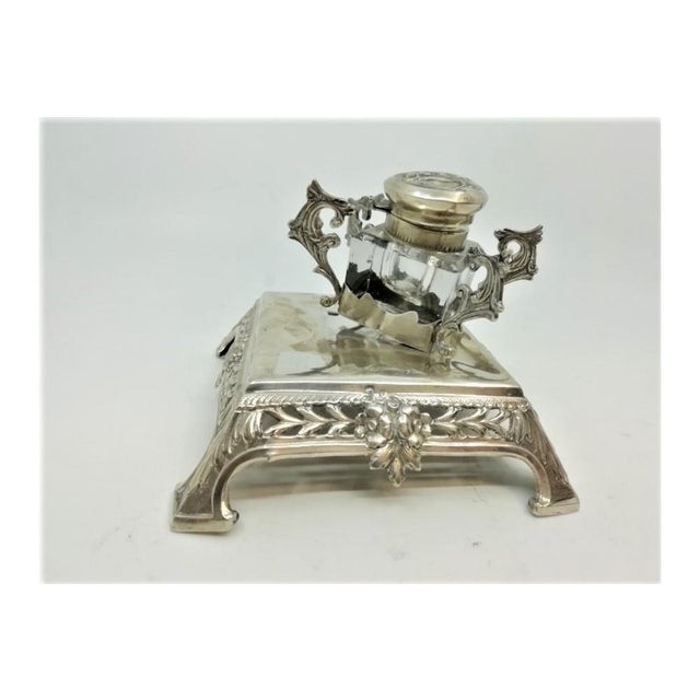 Metal Openwork Silver Inkwell with Pen Holder For Sale - Image 7 of 8