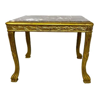 1940s Louis XV Style French Gilded End Table with Grey Marble Top & Paw Feet For Sale