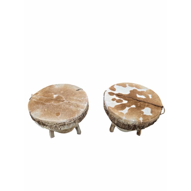 Tribal Vintage African Tribal Cowhide Drum Side Tables - Set of 2 For Sale - Image 3 of 12