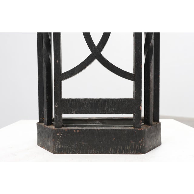 1920s Art Deco Metal Umbrella Stand with Geometric Openwork and Brass Rim, Belgium, 1920s For Sale - Image 5 of 17