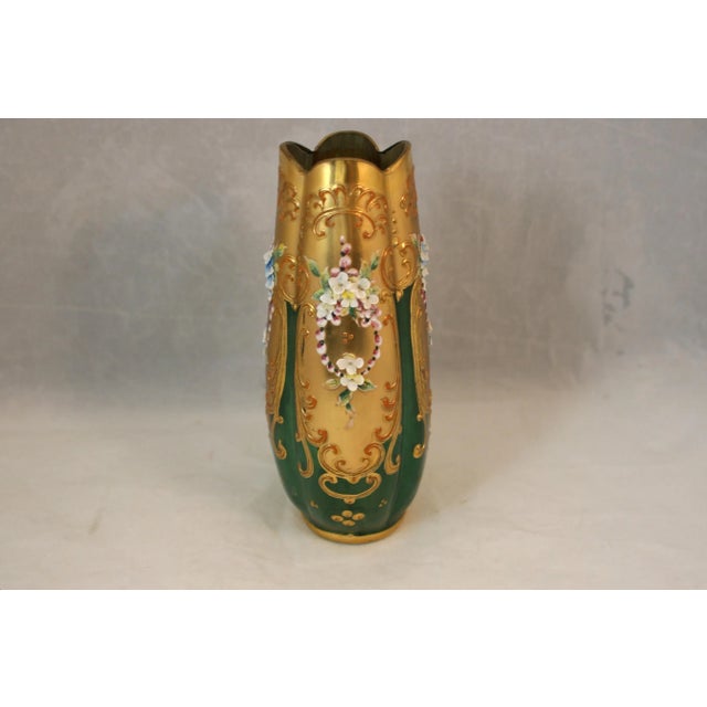 Late 19th Century Antique Handcrafted Bohemian Art Glass Green Glass & Gold Gilt Vase With Enamel Flowers For Sale - Image 5 of 11