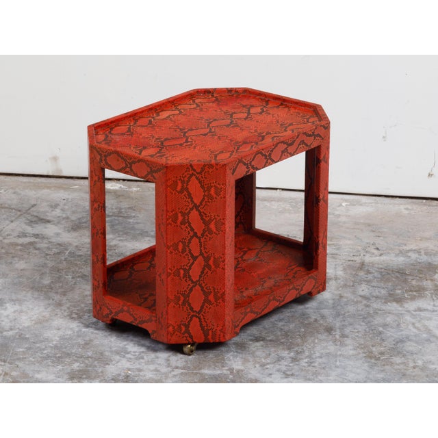 Attributed Karl Springer 1970s Midcentury Octagonal Bar Cart With Red Snakeskin Finish For Sale - Image 9 of 11