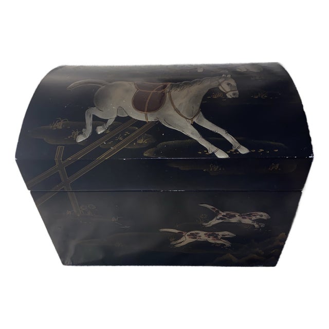 Japanese Lacquered Box With Painted Horse and Rider Motif. For Sale