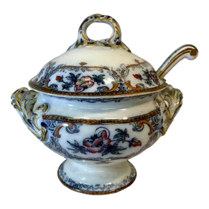 Antique Wedgwood Pearl-Ware Flow Blue Shannon Pattern Covered Sauce Tureen With Ladle From England - Circa 1850