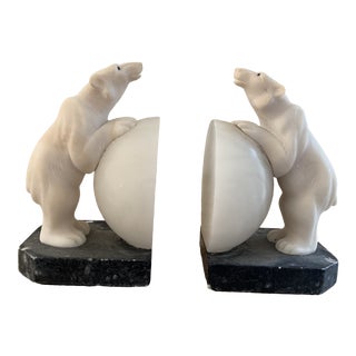 Vintage White Carved Alabaster Polar Bear Bookends For Sale