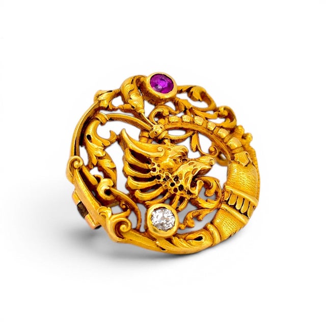 Metal Antique Art Nouveau 18k Gold Chimera Brooch, Ruby & Diamond - Andre Kauffer For Sale - Image 7 of 8