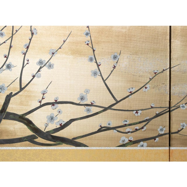 Goldenrod "Sakura and Mejiro Birds", 1970s Showa Era Japanese Byobu Screen For Sale - Image 8 of 18