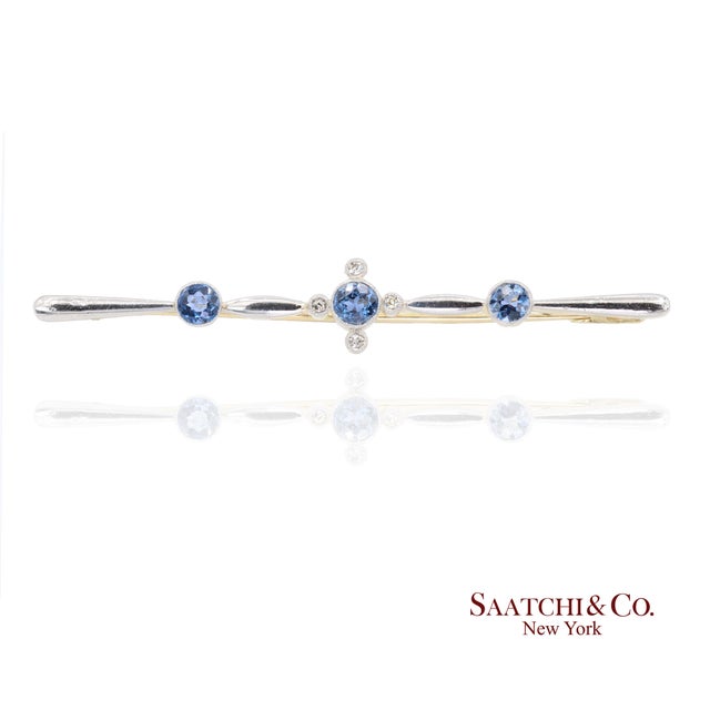 Mid 20th Century Mid 20th Century Gia 14k Yellow and White Gold Natural Sapphire Yogo Gulch and Diamond Brooch For Sale - Image 5 of 11