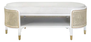 Matthew Izzo Home Beale Oval White Bench in Matte White and Natural Cane With White Linen Cushion
