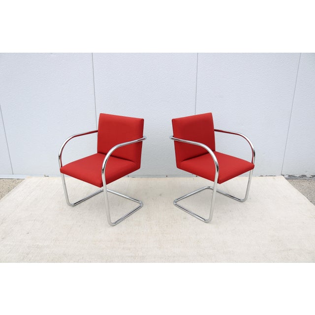 Gordon International MCM Ludwig Mies Van Der Rohe Brno Tubular Chairs in Red Fabric by Gordon, a Pair For Sale - Image 4 of 18