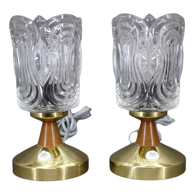 Mid-Century Table Lamps with Sculpted Pressed Glass Shades from Lidokov, 1970s, Set of 2 For Sale