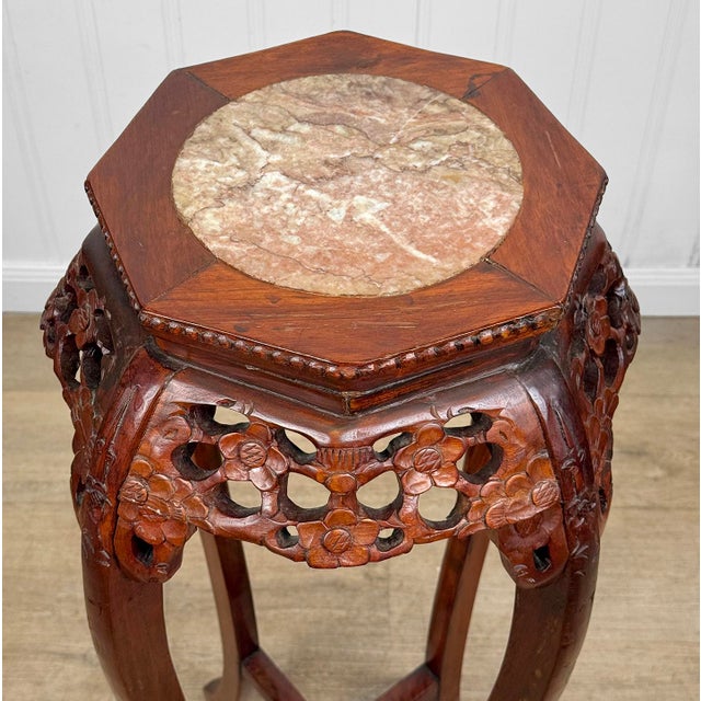 Mid 20th Century Vintage Chinese Rosewood Marble Top Carved Plant Stand Table For Sale - Image 5 of 12