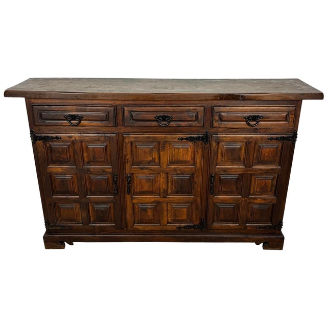 Spanish Rustic Oak Sideboard with Paneled Doors and Iron Hardware, 1930s For Sale - Image 11 of 11