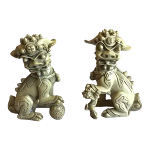 Vintage Asian Chinese Ivorine Cream Resin Foo Dog Temple Altar Figurines - a Pair