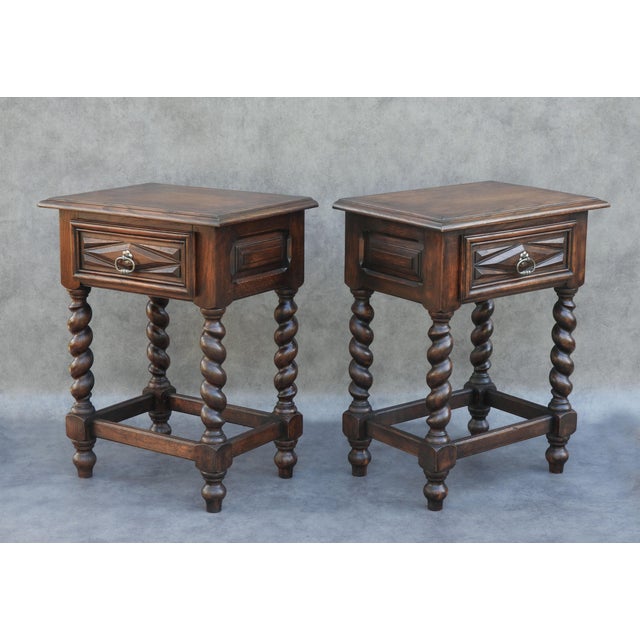 Early 20th Century Louis XIII French Oak Bedside Cabinets with Barley-Twist Legs, 1930, Set of 2 For Sale - Image 12 of 12