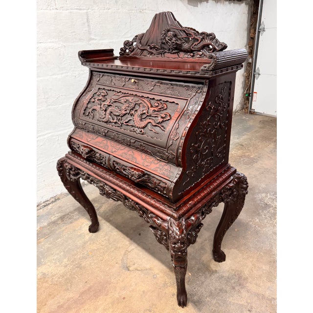 Japanese Early 20th Century Heavily Carved Japanese/Asian Secretary Desk With Volcanos and Dragons For Sale - Image 3 of 15
