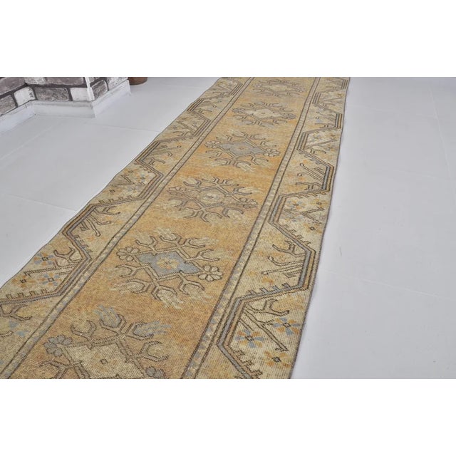 Mustard Long Vintage Turkish Runner, Mustard Yellow and Ochre Anatolian Rug For Sale - Image 8 of 10