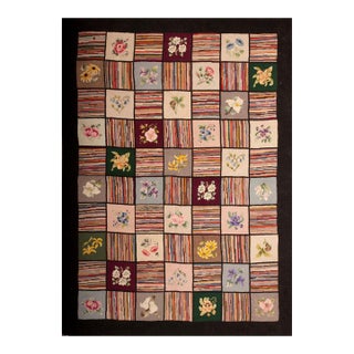 1930s Multicolor Geometric Folk Art American Hooked Rug 6' X 8'4" Handknotted Wool Carpet For Sale