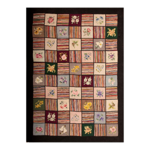 1930s Multicolor Geometric Folk Art American Hooked Rug 6' X 8'4" Handknotted Wool Carpet