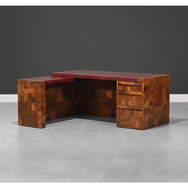 A mid century modern burl patchwork L shaped desk designed by Paul Evans cityscape with brass and chrome bases. Beautiful...