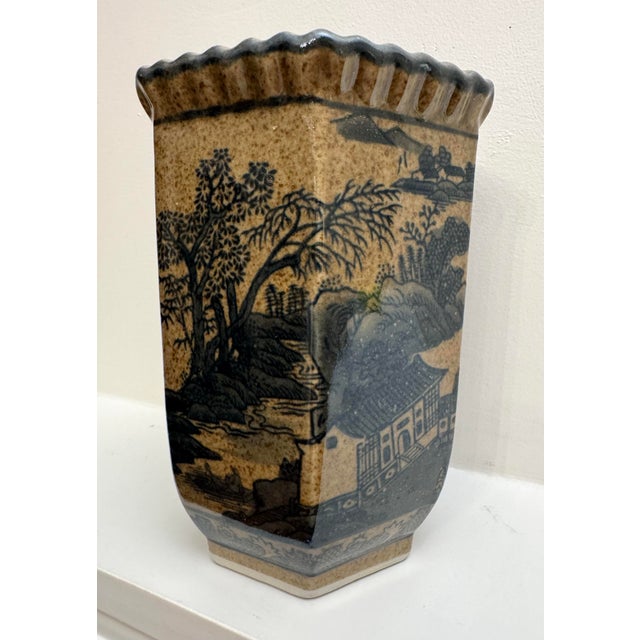 Vintage Chinoiserie Landscape Scene Glazed Ceramic Hexagon Vase, Taupe & Black For Sale - Image 4 of 12