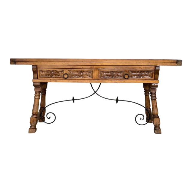 Early 20th Spanish Console Fold Out Table With Iron Stretcher and Two Drawers For Sale