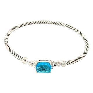 1990s David Yurman Blue Topaz Diamond 3mm Cuff Bracelet Size M Silver Estate For Sale