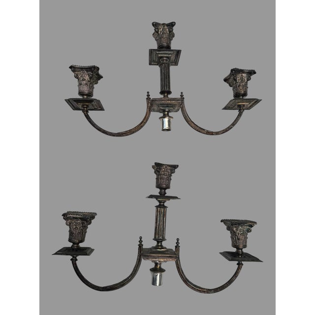 Metal Antique Silverplate Candelabra Pair 3 Light Corinthian Column 22” Tall Ornate For Sale - Image 7 of 10