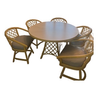 Ficks Reed Distressed Pineapple Bamboo 4 Ft Round Pedestal Table W 5 Swivel Dining Chairs W 18 in Table Extension For Sale