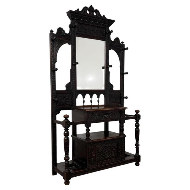 Wood Antique English Victorian Green Man Hall Stand in Carved Oak, 1800s For Sale - Image 7 of 14