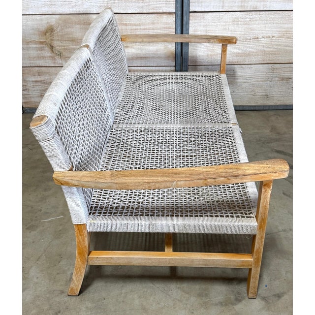 Boho Danish Modern Bleached/ Weathered Teak & Woven Rope Settee For Sale - Image 15 of 18