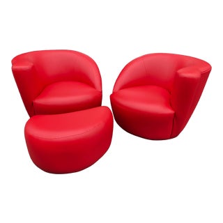 Red Leather Vladimir Kagan Nautilus Swivel Corkscrew Armchairs With Ottoman- 3 Pieces For Sale