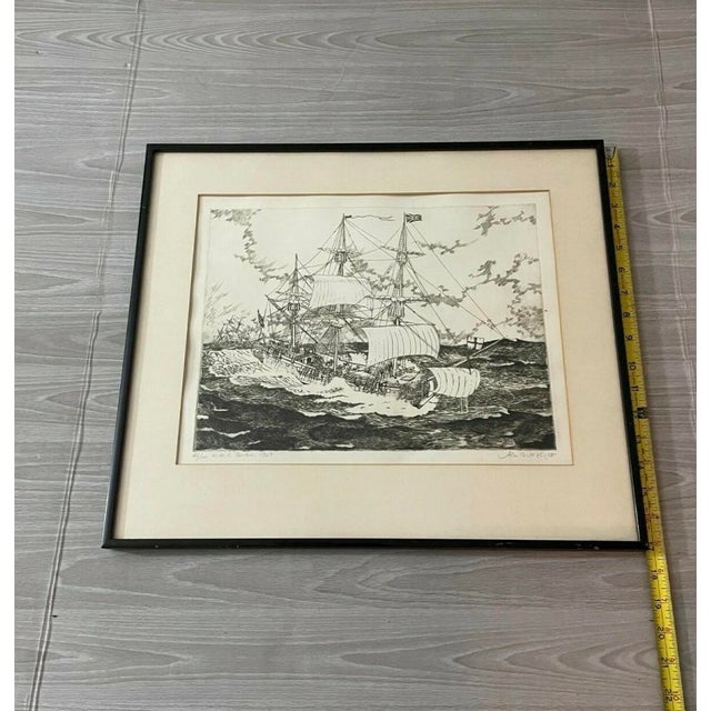 Detailed limited-edition maritime etching depicting the historic H.M.S. Boston at sea. Signed in pencil by Alan B....