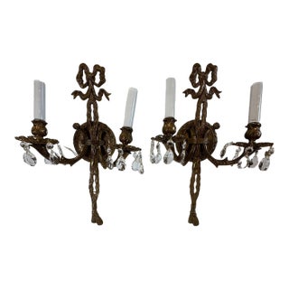 Vintage Brass and Crystal Wall Sconces -a Pair For Sale