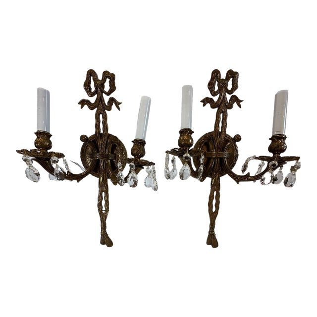Vintage Brass and Crystal Wall Sconces -a Pair For Sale