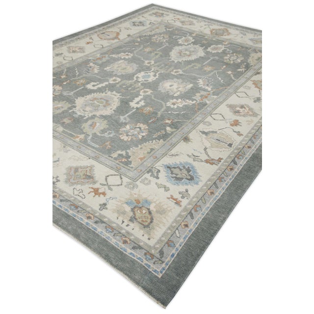 Early 21st Century Early 21st Century Gray Colorful Floral Design Handwoven Wool Turkish Oushak Rug 8'11" X 11'8" For Sale - Image 5 of 8