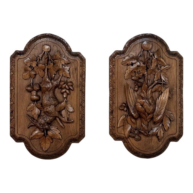 Pair 19th Century Country French Hunt Style Hand-Carved Oak Plaques For Sale