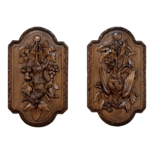 Pair 19th Century Country French Hunt Style Hand-Carved Oak Plaques