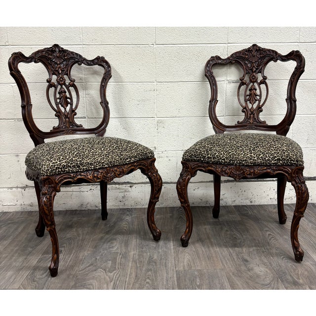 Rococo Antique Late 1800s French Rococo Revival Carved Walnut Side Chairs - Pair For Sale - Image 3 of 15